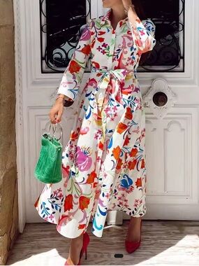 Bright floral print midi button up shirt dress with belt 3/4 sleeve